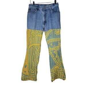 Levi's Custom Light Wash Denim Jeans with Crochet Pant Legs Blue Yellow 30